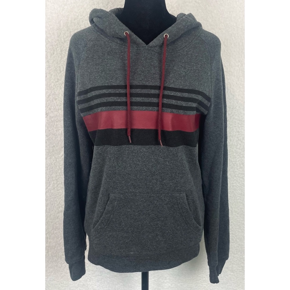 Grey/Black/Maroon Striped Pullover Hoodie, M - Picture 2 of 8